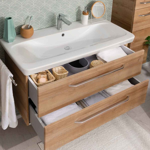 FACKELMANN MILANO Badmöbelset 3-teilig, 100 cm Breite Waschtisch mit Unterschrank und Spiegelschrank in Holz braun, inkl. LED-Beleuchtung mit Soft-Close-System