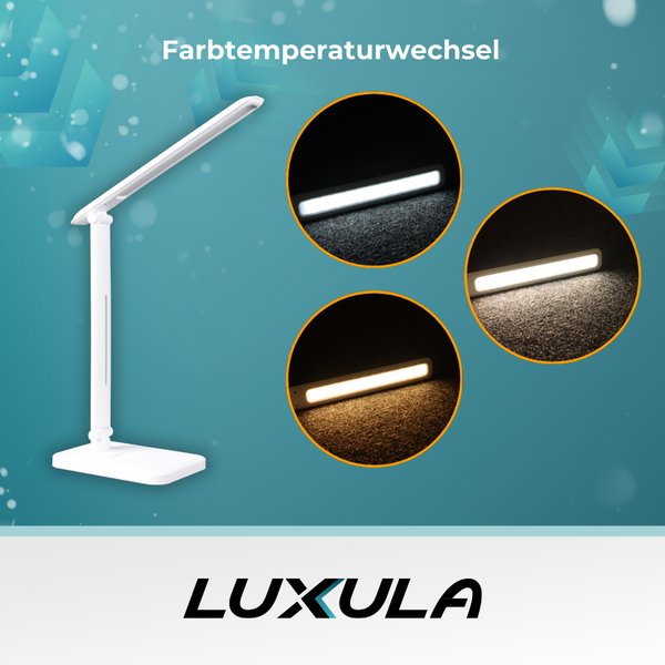 Weiße LED-Schreibtischleuchte mit verstellbarer Farbtemperatur in drei Stufen von warmweiß bis tageslichtweiß. LUXULA Logo.