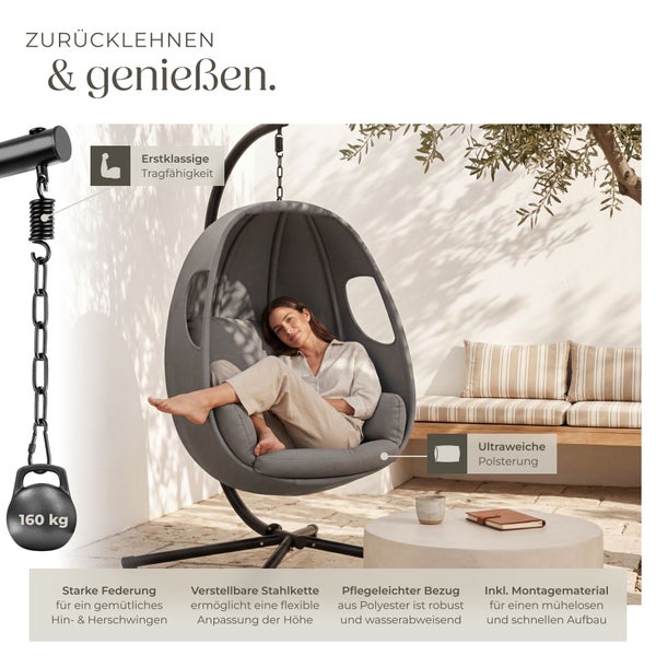 Hängesessel in Eiform mit grauem Bezug aus Polyester, weicher Polsterung, verstellbarer Stahlkette und einer Tragkraft von 160 Kilogramm.