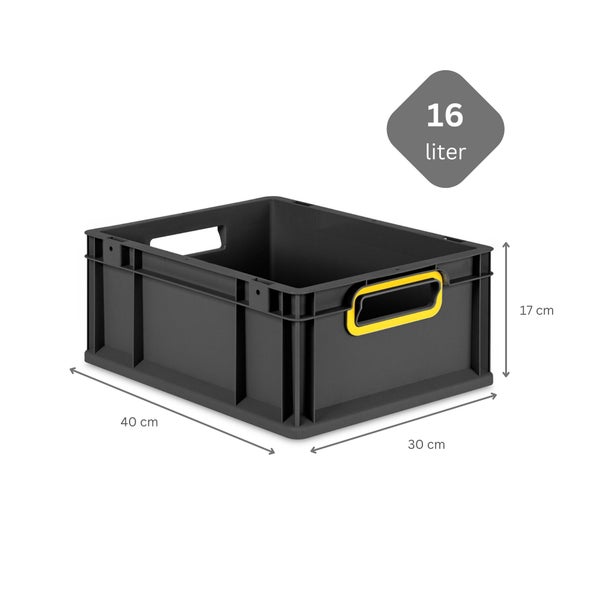 PROREGAL SuperSparSet 5x Eurobox NextGen Color mit Scharnierdeckel und Schiebeschnappverschlüssen, HxBxT 17x30x40cm, 16 Liter, Schwarz, Griffe gelb offen, Eurobehälter, Transportbox, Transportbehälter, Stapelbehälter