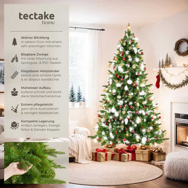 Tectake Home künstlicher Weihnachtsbaum in einem weihnachtlich dekorierten Wohnzimmer mit Holzständer und Detailansicht der Nadelstruktur.