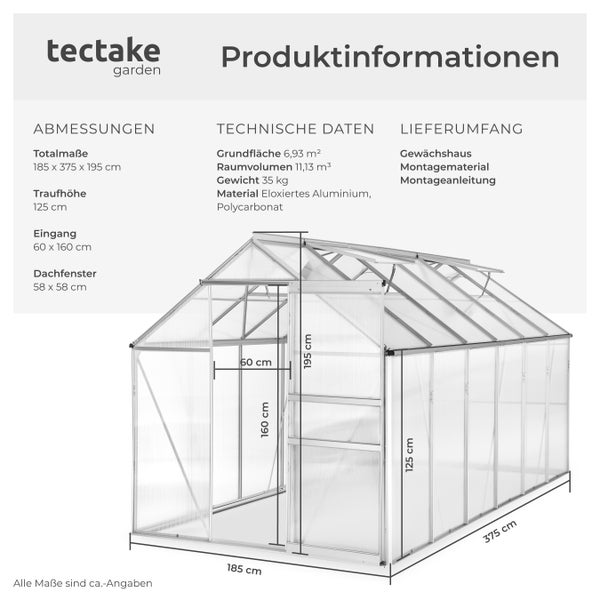 Produktinformationen zum Gewächshaus mit Maßangaben, technischen Daten und Lieferumfang von tectake garden