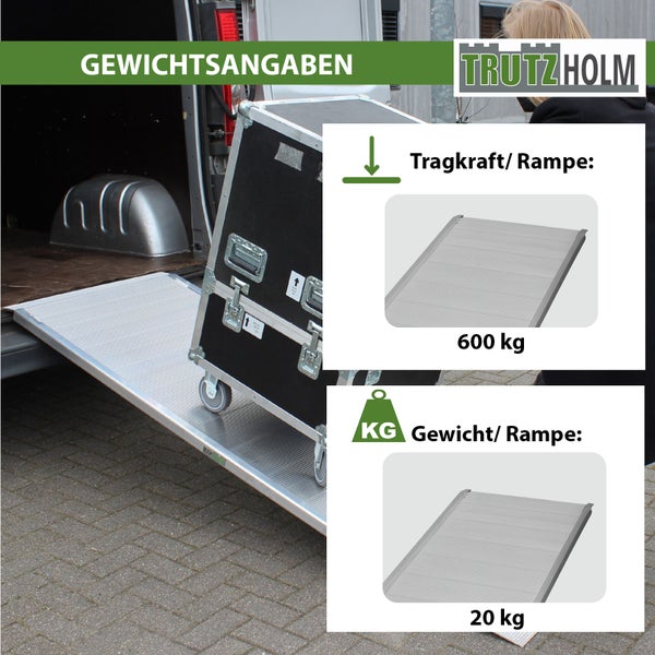 Trutzholm Logo mit Gewichtsangaben zu Rampe mit Tragkraft von 600 Kilogramm und Eigengewicht von 20 Kilogramm