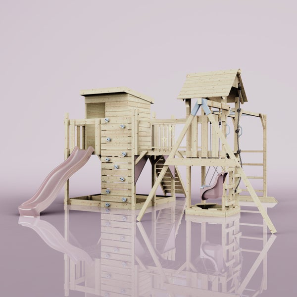 Spielturm aus Holz mit Rutsche, Schaukel und Kletterwand