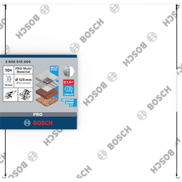 Bosch Logo. Packung mit 10 Pro Multi Material Trennscheiben, 125 Millimeter Durchmesser. Geeignet für unterschiedliche Materialien.