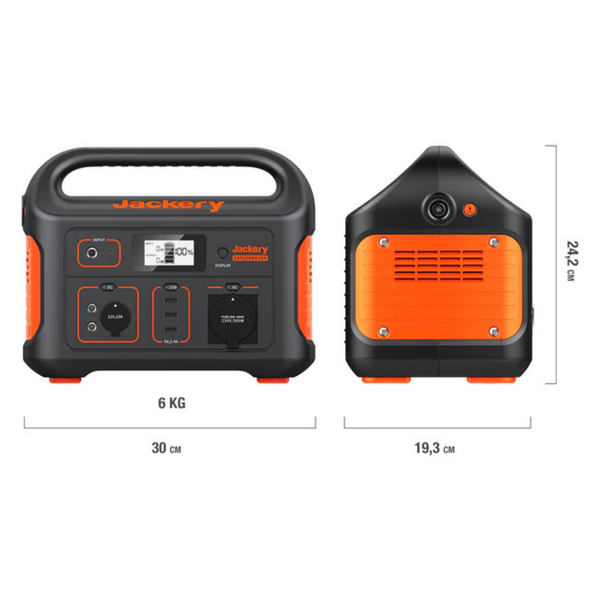 Jackery Explorer 500 Powerstation, Vorder- und Seitenansicht, 30 Zentimeter breit, 24,2 Zentimeter hoch, 19,3 Zentimeter tief, Gewicht 6 Kilogramm.