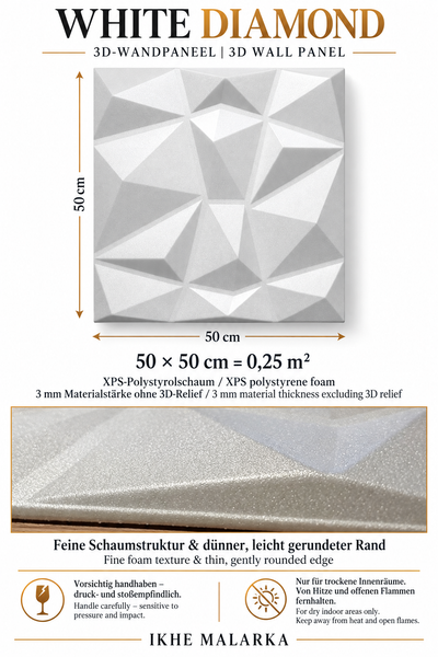Weißes 3D Wandpaneel aus XPS Polystyrolschaum in Diamantoptik mit den Maßen 50 mal 50 Zentimeter zur Wandgestaltung in Innenräumen.