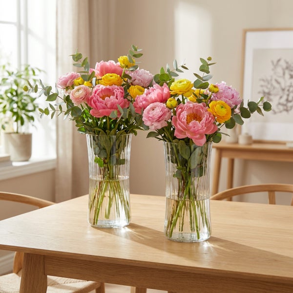 Zwei gerippte Glasvasen mit bunten Blumensträußen bestehend aus Pfingstrosen und Ranunkeln auf einem Holztisch in einem hellen Wohnraum.