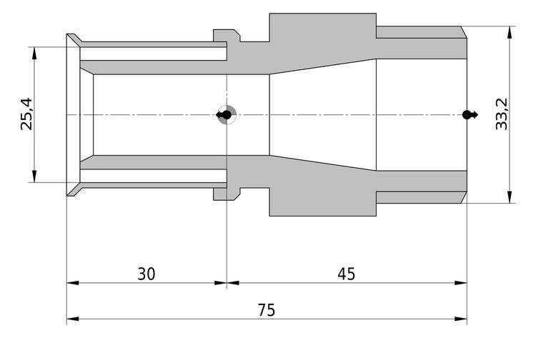 Technische Zeichnung eines Bauteils im Querschnitt mit Maßangaben: Länge 75, Abschnitte 30 und 45, Durchmesser 25,4 und 33,2.
