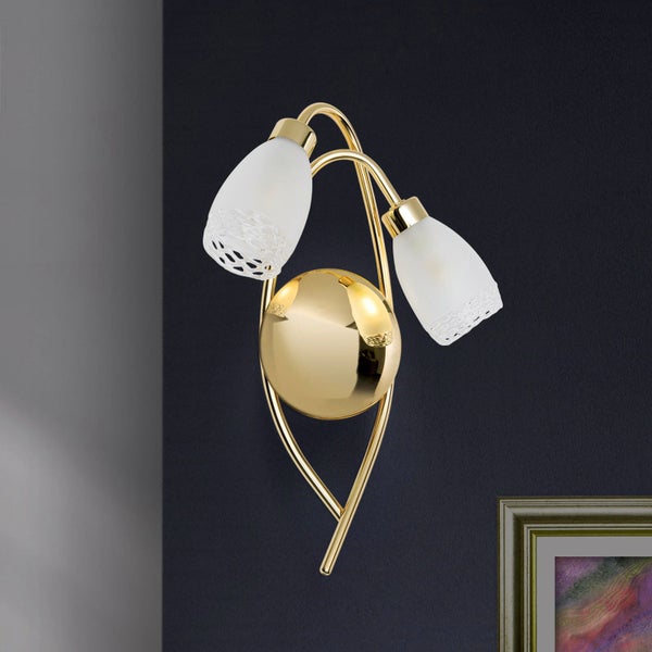 Zweiflammige Wandleuchte mit metallischem Gestell und zwei satinierten Glasschirmen in Blumenform für eine elegante Innenbeleuchtung.