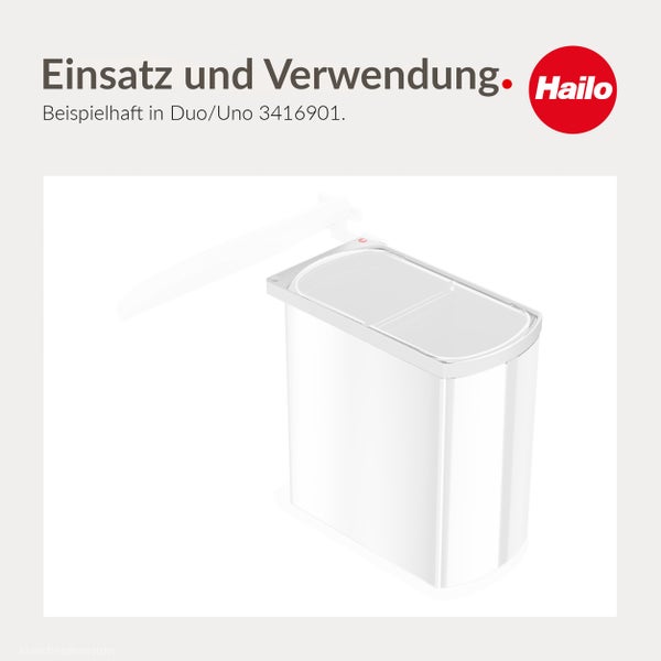 Hailo Einbau Abfalltrennsystem für Küchenschrank mit Deckel und Montageschiene zur beispielhaften Darstellung.
