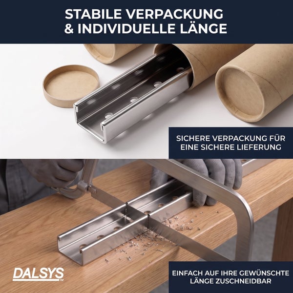DALSYS Metallprofil in stabiler Versandröhre sowie beim Zuschneiden mit einer Metallsäge auf einer Holzwerkbank. DALSYS Logo.