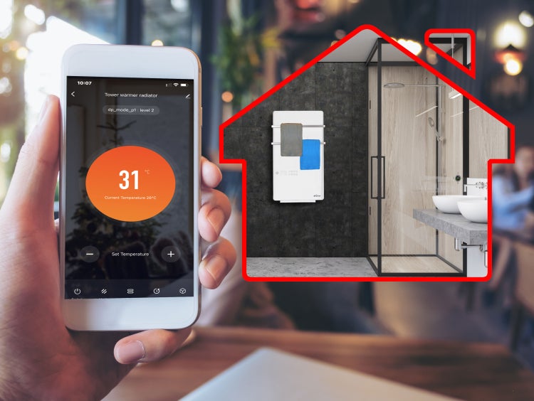 Handy mit App zur Steuerung eines Handtuchwärmers im Badezimmer