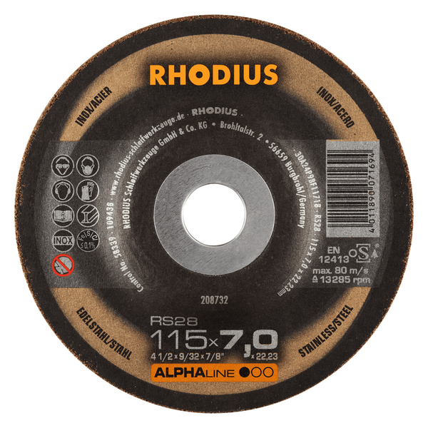 RHODIUS Schruppscheibe RS28, 5 Stück, 115 x 7,0 x 22,23 mm für Edelstahl, Stahl, Metall, ALPHAline