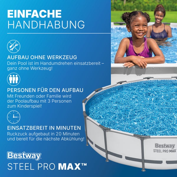 Bestway Steel Pro Max Pool: Aufbau ohne Werkzeug, für drei Personen, in 20 Minuten einsatzbereit. Bestway Logo.