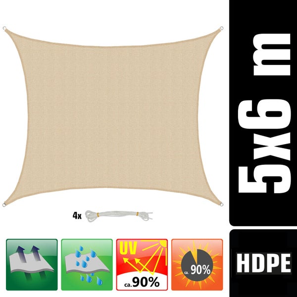 Beige Sonnensegel aus HDPE, rechteckig, 5 mal 6 Meter, inklusive 4 Befestigungsseilen, wasser- und luftdurchlässig, UV-Schutz circa 90 Prozent.