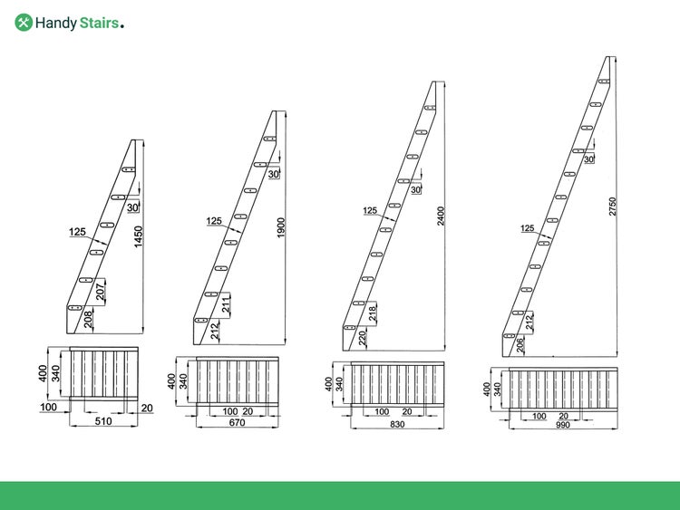 Technische Zeichnung verschiedener Treppenmodelle mit Maßangaben