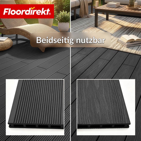 Terrassendielen aus Holzverbundstoff mit zwei verwendbaren Oberflächen und Floordirekt Logo