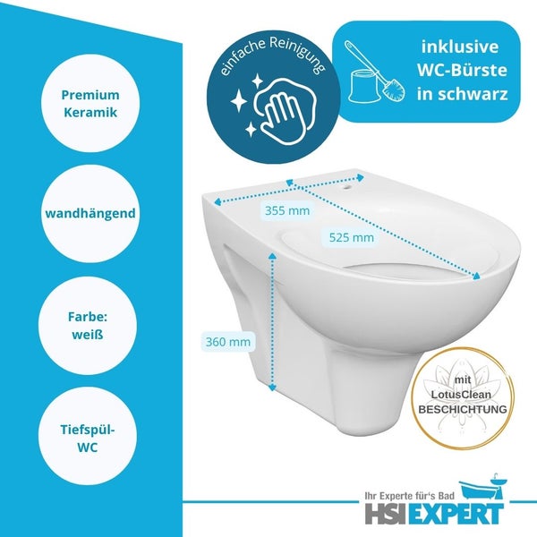 Wandhängendes Tiefspül-WC aus Premium-Keramik mit LotusClean Beschichtung und den Maßen 355 x 525 x 360 Millimeter, inklusive WC-Bürste