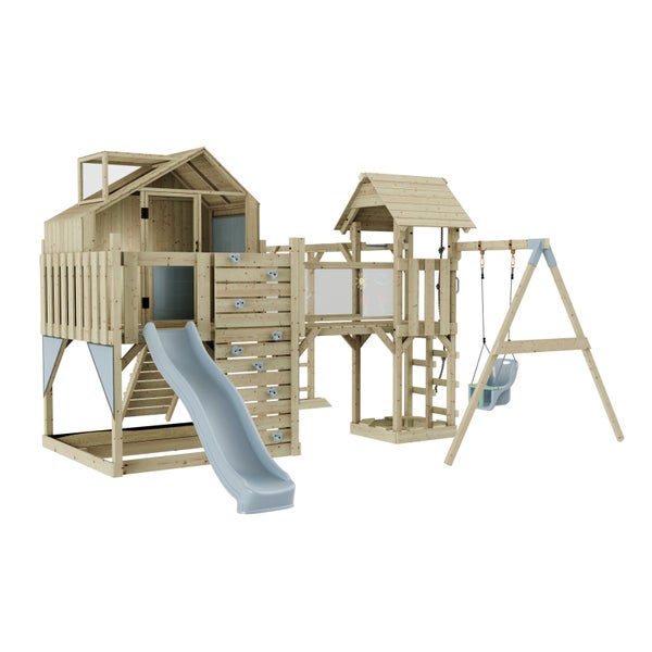 Spielplatz mit Spielhaus, Rutsche und Schaukel aus Holz