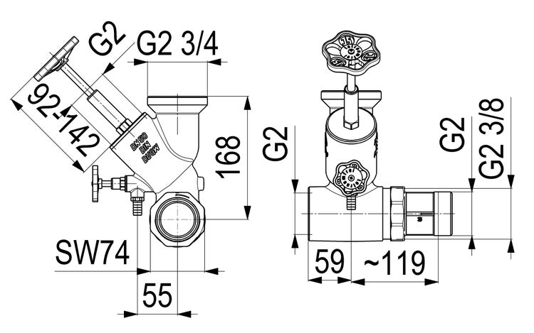 Explosionszeichnung eines Schrägsitzventils mit nummerierten Einzelteilen wie Handrad, Ventilgehäuse und Dichtungen.