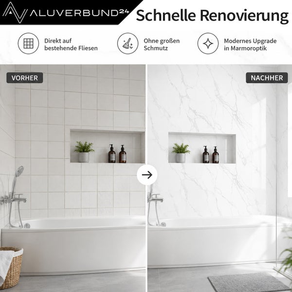 Vorher-Nachher-Vergleich einer Badrenovierung mit Aluverbund24 Wandpaneelen in Marmoroptik direkt auf alten Fliesen. Aluverbund24 Logo.