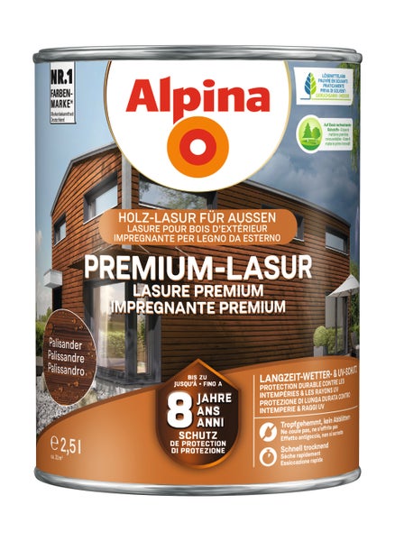 Alpina Premium-Holzlasur für außen, Palisander, 2,5 Liter. 8 Jahre Wetterschutz, tropfgehemmt, schnelltrocknend, lösemittelarm.