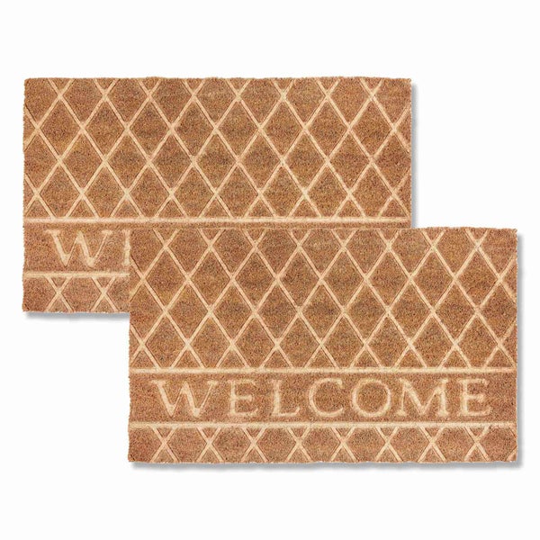 Fußmatte aus Kokosfaser mit Rautenmuster und Willkommensgruß