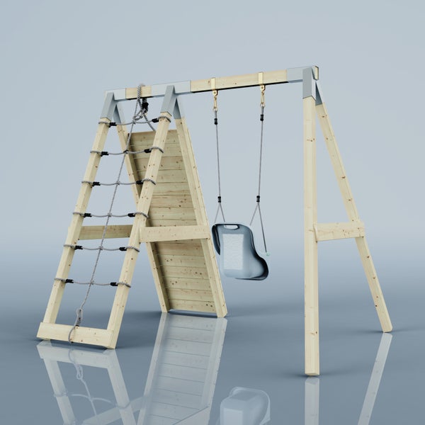 Kinderspielgerät aus Holz mit einer Schaukel, einem Kletternetz und einer Kletterwand für den Garten.