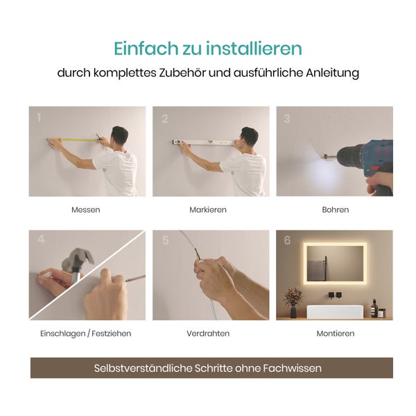 EMKE Badspiegel mit Beleuchtung  60 x 40cm,  LED-Spiegel mit Wandschalter, Warmweiß