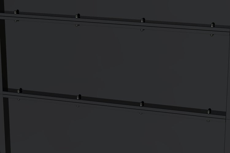 Schwarzes Glaswand System mit Metallprofilen und Befestigungspunkten zur Wandmontage
