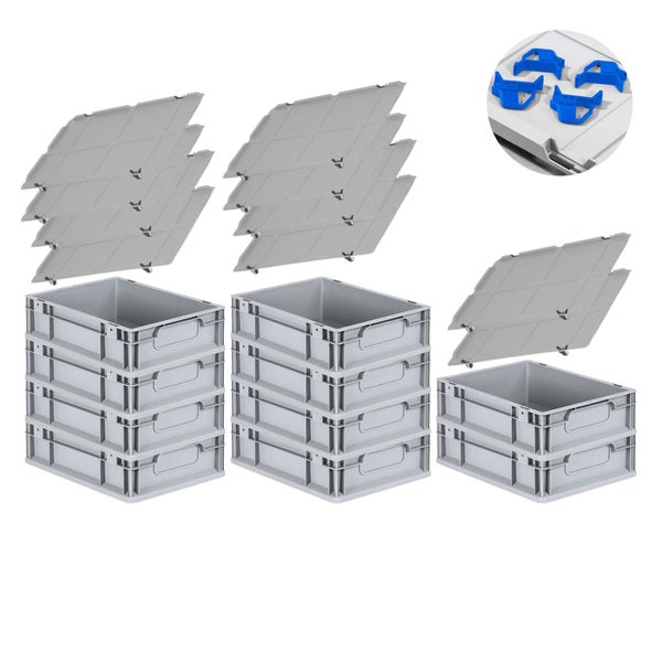 PROREGAL Spar Set 10x Eurobox Nextgen Economy Mit Auflagedeckel & 4x Schiebeschnappverschlüsse Blau Griffe Geschlossen HxBxT 12 x 30 x 40 cm 11 Liter