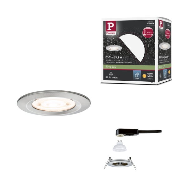 Paulmann Nova LED Einbaustrahler Set aus gebürstetem Eisen, rund, IP44 Spritzwasserschutz, inklusive GU10 Leuchtmittel warmweiß 2700 Kelvin.