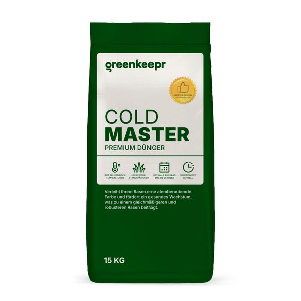 Greenkeepr Logo, Cold Master Premium Rasendünger, 15 Kilogramm Sack, wirkt bei niedrigen Temperaturen, hohe Widerstandsfähigkeit, schnelle Wirkung.