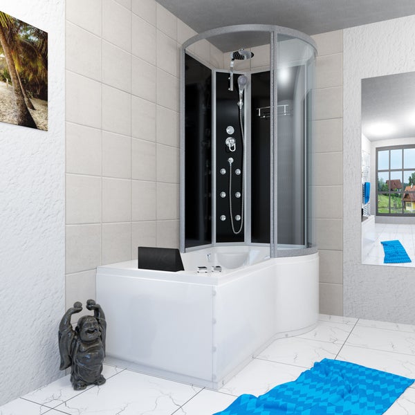 Duschbadewanne Kombination mit Glasduschkabine, schwarzen Paneelen und Massagedüsen in einem hellen Badezimmer mit Fliesen in Marmoroptik.