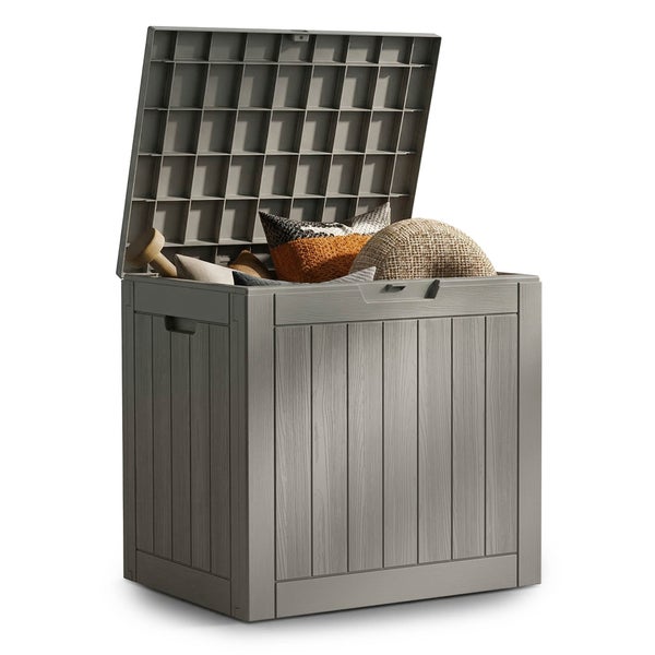 Gartenbox in Holzoptik, geöffnete Aufbewahrungsbox aus Kunststoff für Kissen und Gartenutensilien.