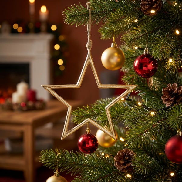 Weihnachtsbaumschmuck Stern aus Metall hängend am Tannenbaum mit Weihnachtskugeln und Zapfen