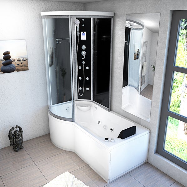 Modernes Badezimmer mit weißer Whirlpool-Duschkabine, gebogener Glaswand, schwarzer Rückwand, Massagedüsen und integrierter Badewanne.