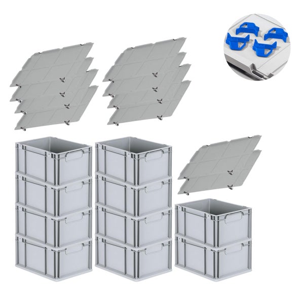 PROREGAL Spar Set 10x Eurobox Nextgen Economy Mit Auflagedeckel & 4x Schiebeschnappverschlüsse Blau Griffe Geschlossen HxBxT 22 x 30 x 40 cm 20 Liter