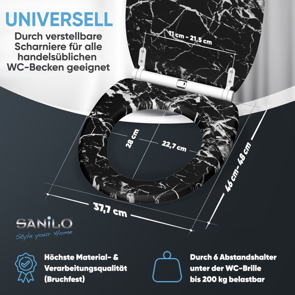 Sanilo WC-Sitz mit Marmoroptik und verstellbaren Scharnieren, inklusive Maßangaben, bis 200 kg belastbar.