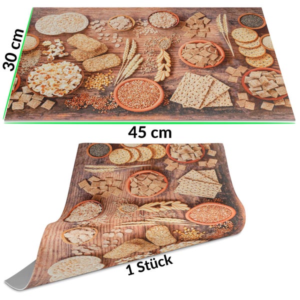 Küchenrückwand mit Motiv aus Getreide und Crackern, 30 mal 45 Zentimeter, 1 Stück.