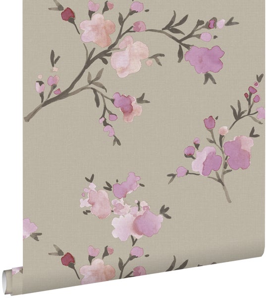 ESTAhome Tapete Kirschblüten Taupe und Violett - 53 cm x 10.05 m - 148717