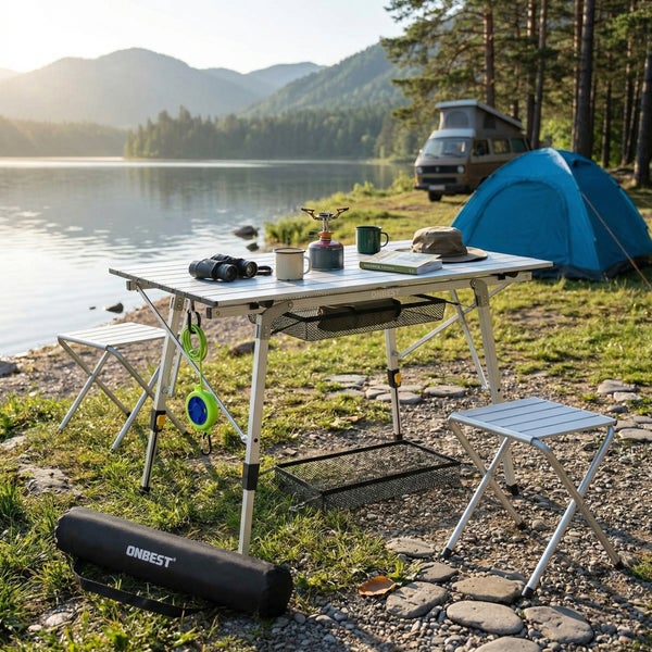 Klappbarer Campingtisch und zwei Hocker aus Aluminium am See. Inklusive Aufbewahrungsnetzen und ONBEST Logo Tragetasche.