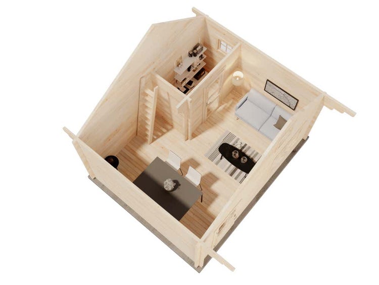 Draufsicht auf den Innenraum eines Gartenhauses aus Holz mit Wohnbereich, Essplatz, kleiner Kammer und Schlafboden inklusive Leiter.