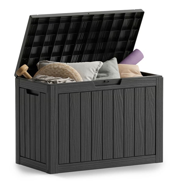 Offene Gartenbox aus Kunststoff in Holzoptik, Farbe Anthrazit, gefüllt mit Kissen und einer Yogamatte.