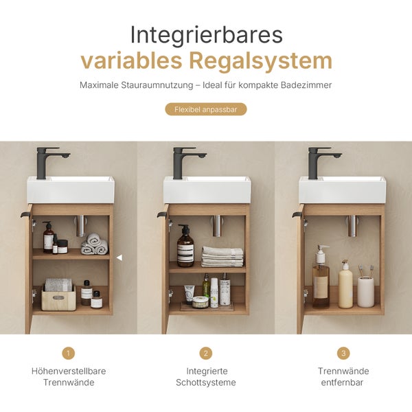 EMKE Badmöbel-Set 417×240×646 mm, Waschbecken mit Unterschrank mit Soft-Close, Türgriff, 2-fach verstellbarem Einlegeboden, Wandmontage, beidseitig montierbar,  Sonoma Eiche