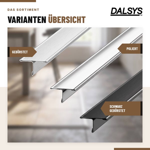 Dalsys Logo und Übersicht verschiedener T-Profile in gebürsteter, polierter und schwarz gebürsteter Ausführung für Bodenbeläge.