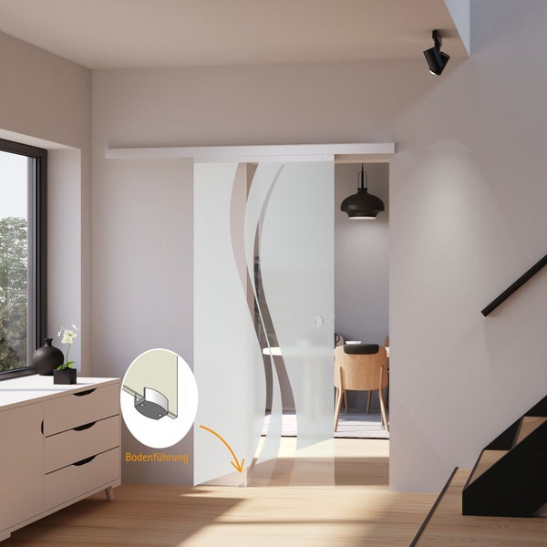 Tür Schiebetür Komplettset Glas wellenförmig 755x2035 Zimmertür Glasschiebetür -  Griffmuschel+2seitiger Softclose