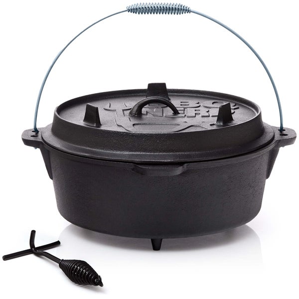 BBQ-Nerd Dutch Oven Professional 9,0L mit Füßen | bereits eingebrannt - preseasoned | Gusseisen Feuertopf mit Deckel und integr. Bratpfanne | Feuerfester Grill & Camping Kochtopf inkl. Deckelheber