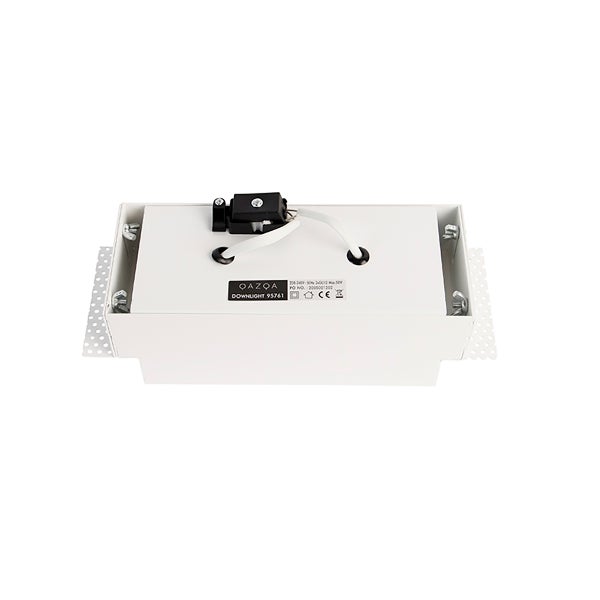 QAZQA Einbaustrahler Downlight 95761, weißes rechteckiges Gehäuse aus Metall, Rückansicht mit Montagehalterungen und Verkabelung.